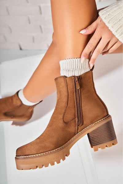 Joana Women's Khaki Fur-lined Ankle Boots Made of Eco-Suede Leather Celia