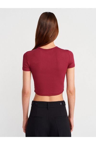 Dilvin 31647 Button Detailed Crop Top-Light Burgundy