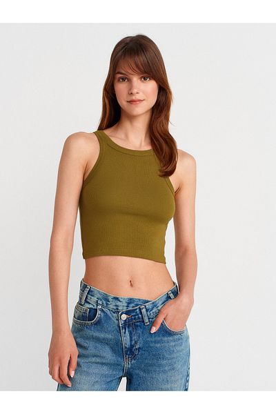 Dilvin 21104 Ribbed Crop Top-Dark Green