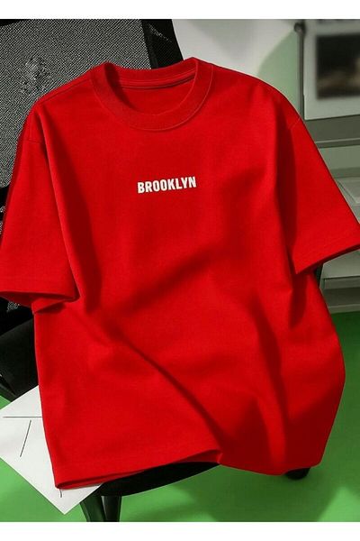 khufu Oversize Red Colored Cotton Brooklyn Printed Relaxed Cut Crew Neck T-Shirt Unisex