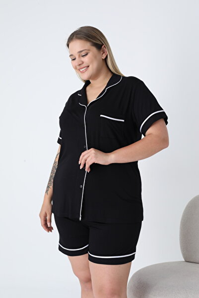 Miss Dünya Lissa Shirt Collar Front Buttoned Plus Size Shorts Knitted Fabric Pajama Set