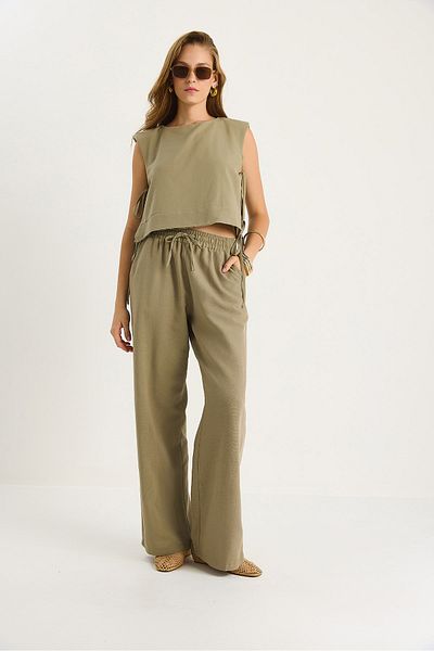 Bianco Lucci Women's Padded Side Tie Blouse with Elastic Waist Loose Trousers Linen Suit 9389 60281084