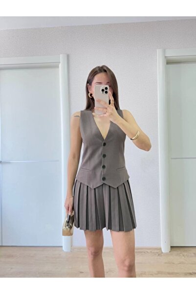 ELLA Linen Suit Look Mini Dress with Button Detail Vest - Claret Red