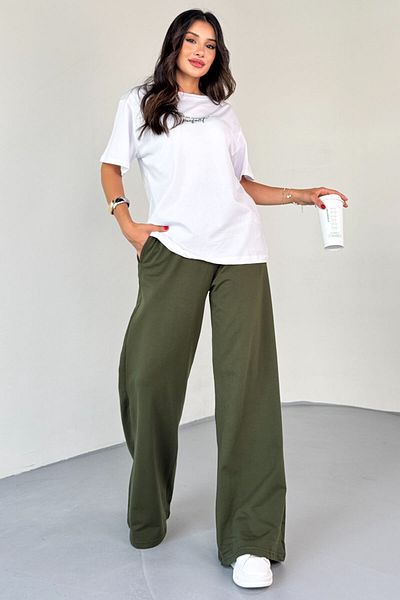 Cappmoda Tkm-0067 Khaki Perfect Written Injection Printed T-Shirt Loose Trousers Two-Piece Set