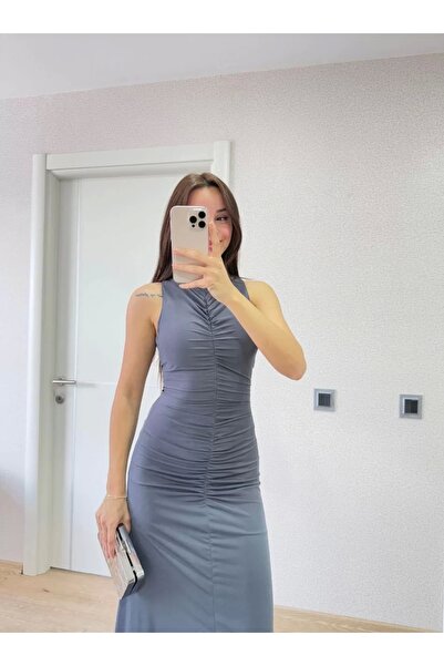 LUMİART Bürümcük Fabric Lined Inside Drawstring Sleeveless Gathered Long Dress - Smoked