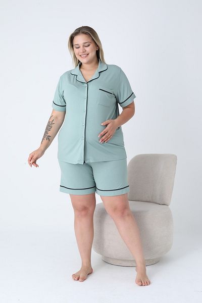 Miss Dünya Lissa Shirt Collar Front Buttoned Plus Size Shorts Knitted Fabric Pajama Set