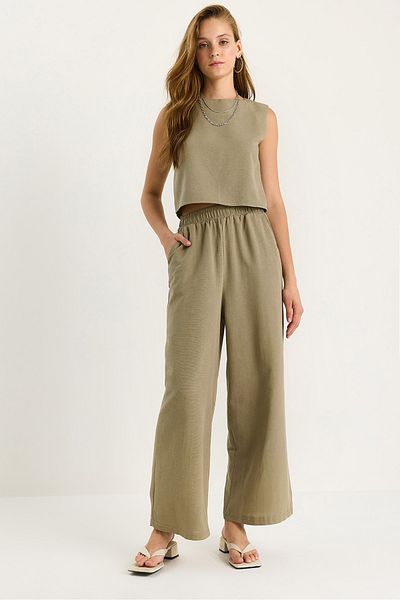 Bianco Lucci Women's Thick Strap Blouse Elastic Waist Pocket Detailed Loose Trousers Linen Suit 9384 60281086