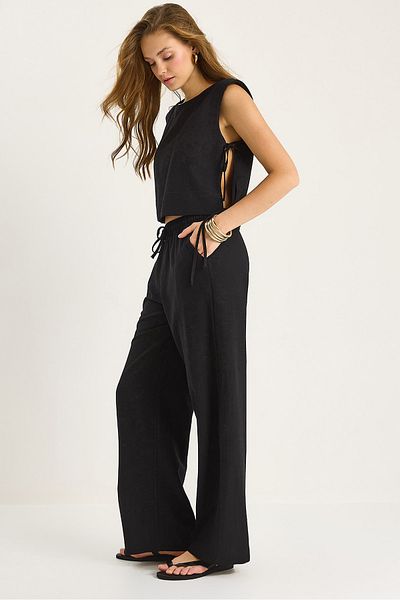 Bianco Lucci Women's Padded Side Tie Blouse with Elastic Waist Loose Trousers Linen Suit 9389 60281084