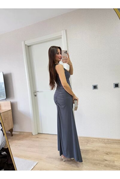 LUMİART Bürümcük Fabric Lined Inside Drawstring Sleeveless Gathered Long Dress - Smoked