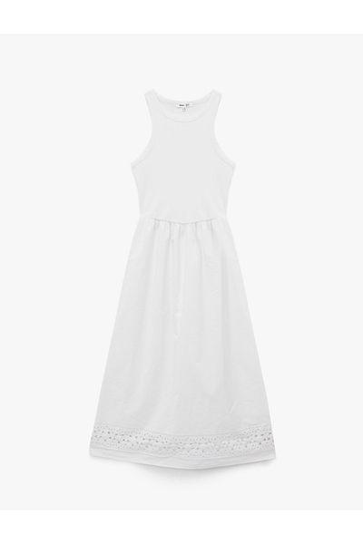 Koton X Melis Ağazat - Cotton Sleeveless Crew Neck Scalloped Midi Length Flared Dress