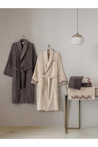Cotton Box Set halate de baie Family cu broderie puf Gala bej-petrol