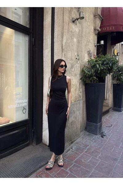 ruum fashions Osy Modal Soft Textured Fabric Crew Neck Zero Sleeveless Slit Long Dress - Black