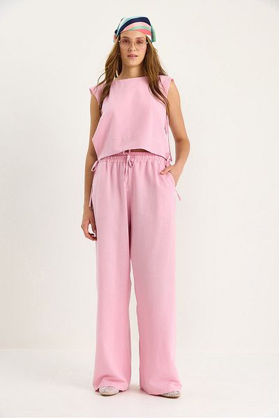 Bianco Lucci Women's Padded Side Tie Blouse with Elastic Waist Loose Trousers Linen Suit 9389 60281084