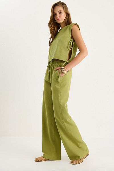 Bianco Lucci Women's Padded Side Tie Blouse with Elastic Waist Loose Trousers Linen Suit 9389 60281084