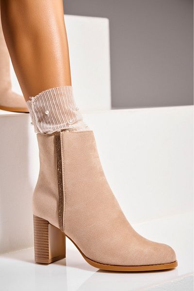 Joana Women's Beige Fur-lined Ankle Boots Made of Ecological Suede Leather Kuniza