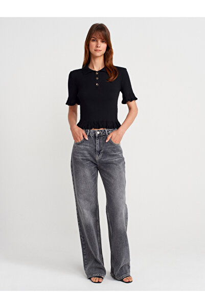 Dilvin 10780 Polo Yaka Düğmeli Fırfırlı Triko Bluz-Siyah