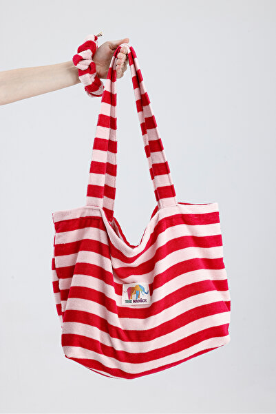 Themanice Kadın Pembe Kırmızı Çizgili Havlu Plaj Çantası – Oversize,Yazlık Havlu Kumaş Çanta