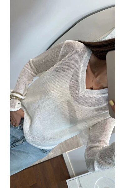 CVS V-Neck Long Sleeve Knitwear Slim Blouse - White