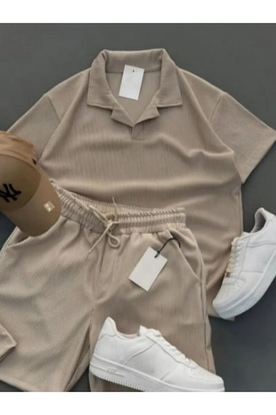 Sende Yakala Ribbed Ottoman Premium Fabric Polo Neck Unisex T-Shirt and Shorts Set