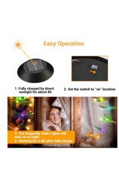 Blusmart Solar LED Lamp 80 cm with Wind Chime, Model with 6 Multicolored Glass Dragonflies