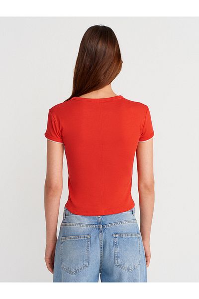 Dilvin 31750 Contrast Short Sleeve Tshirt-Red