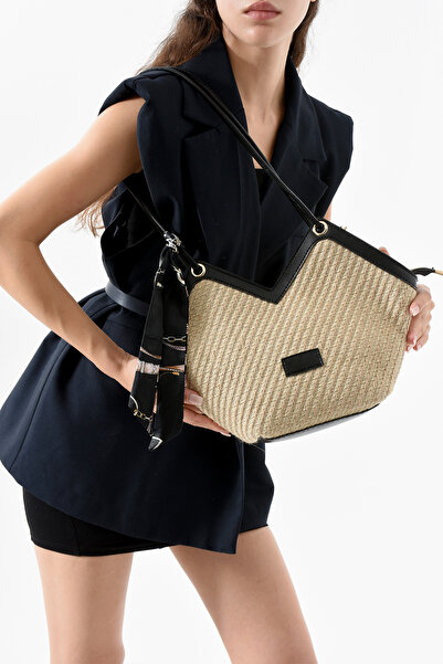 Zealous Geantă de umăr cu fermoar din paie pentru femei, cu detaliu de eșarfă leopard