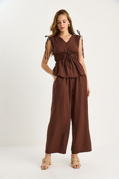 Bianco Lucci Women's V-Neck Gathered Waist Sleeve Detailed Blouse Loose Pants Suit 9345 60281081