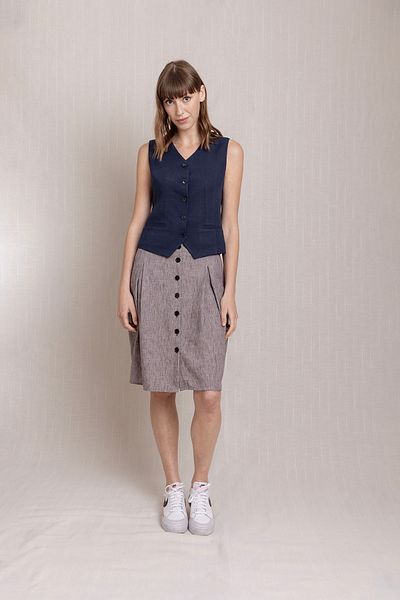 Volanlı Navy Blue Linen Vest