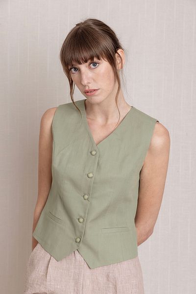 Volanlı Green Linen Vest
