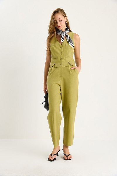 Bianco Lucci Women's Slit Detailed Vest Loose Pants Linen Bottom-Top Set 9359 60281082