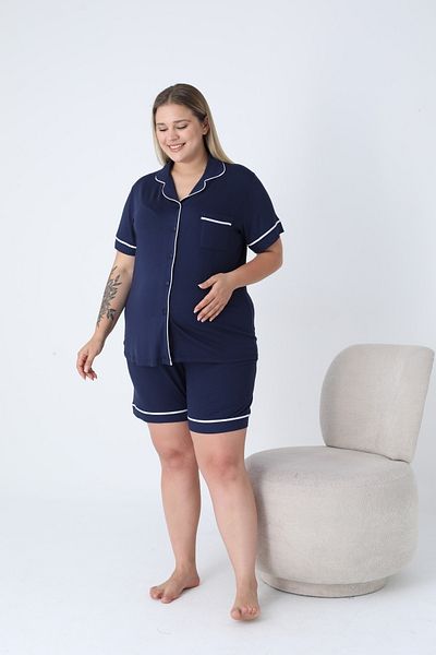 Miss Dünya Lissa Shirt Collar Front Buttoned Plus Size Shorts Knitted Fabric Pajama Set