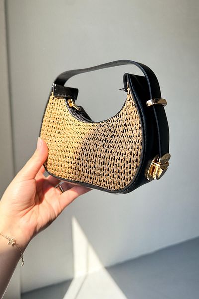 Cappmoda ÇNT-3034 Mini geantă de umăr cu detalii din paie neagră