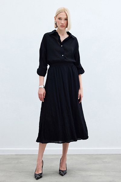 Sateen Kraşlı Flared Skirt - Black