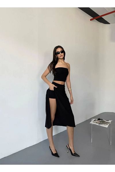 ruum fashions Slit Skirt with Pockets and Shorts - Black