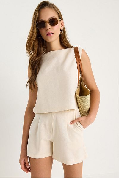 Bianco Lucci Women's Thick Strap Blouse High Waist Pocket Detailed Shorts Linen Suit 9307 60281085