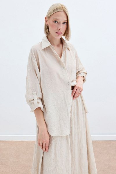 Sateen Casual Shirt with Sleeve Detail - Beige