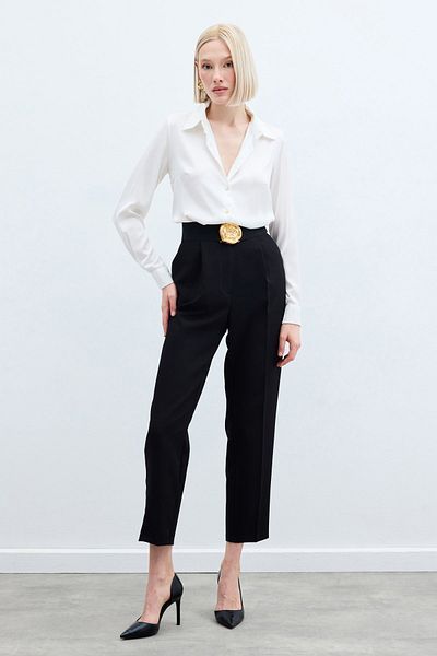 Sateen High Waist Classic Trousers - Black