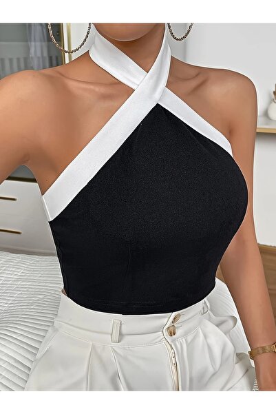 NoVibe Bluză neagră fără mâneci pentru femei, cu bretele încrucișate în față