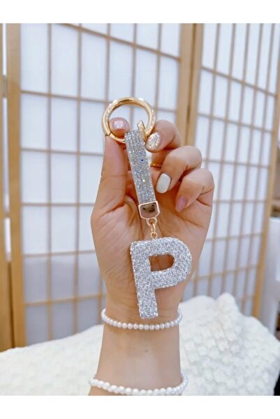 Mansura Letter P White Stone Letter Keychain, Bag Charm Vip Series