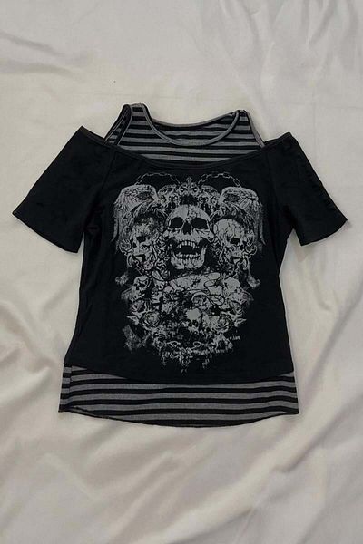 Köstebek Skulls Skull Striped Strap Gothic Blouse