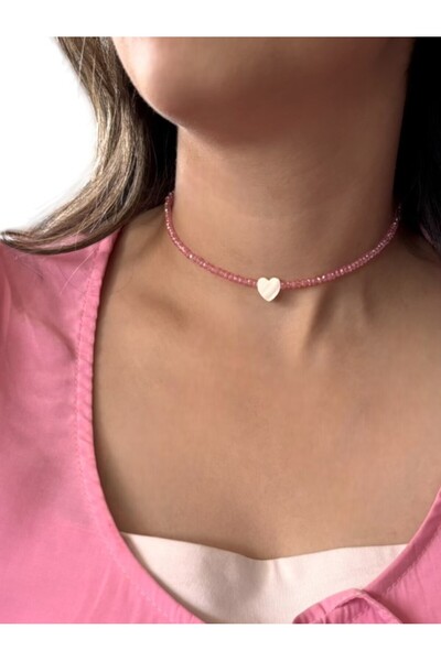 By Saadet Özkanlı Kristal Pembe Kalpli Kolye