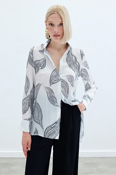 Sateen Long Patterned Shirt on the Back - Ecru