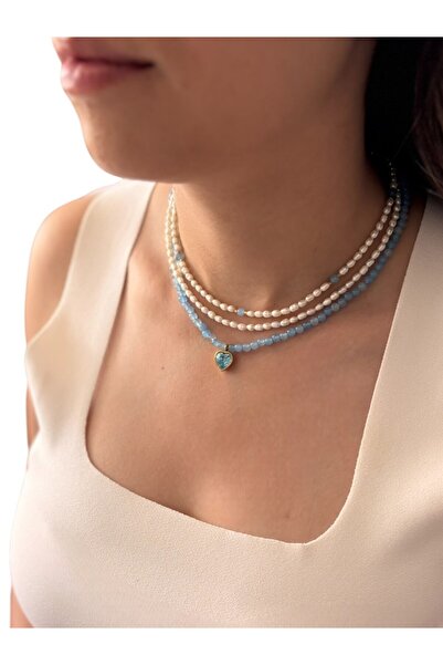 By Saadet Özkanlı Mavi Akuamarin Taşından Kalp Oymalı Kristal Taşlı Kolye Aquamarin