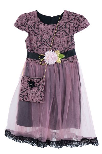 Oppland Girl's Dress 5-6-7-8 Years Old 100% Cotton Princess Model Bag Rope Belt Round Neck Lined