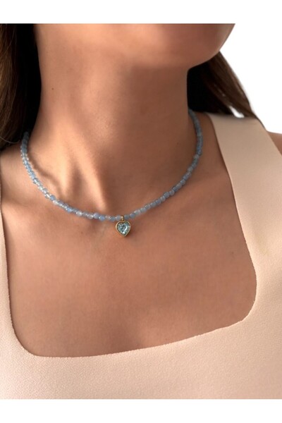 By Saadet Özkanlı Mavi Akuamarin Taşından Kalp Oymalı Kristal Taşlı Kolye Aquamarin