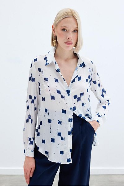 Sateen Patterned Classic Shirt - Navy Blue