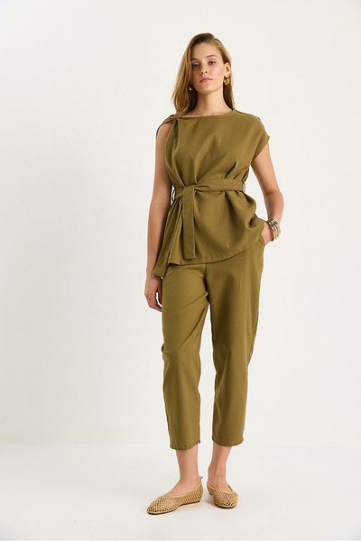 Bianco Lucci Women's Shoulder Knot Detailed Belted Linen Top-Top Set 9369 60281075