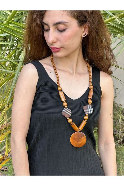 Gönülden Tasarım Bamboo Wood Beaded Plaid Women's Necklace 38 cm