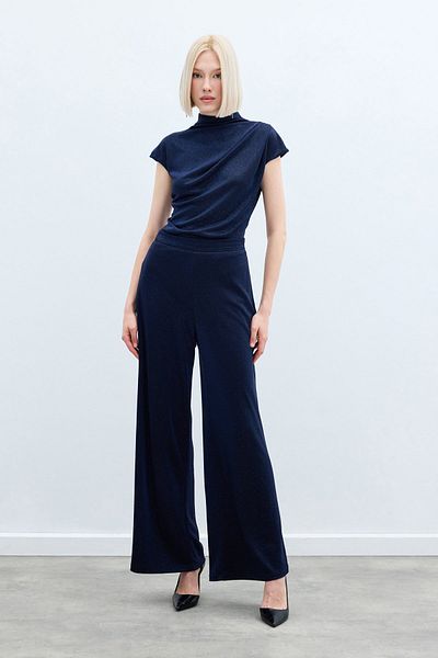 Sateen Glitter Casual Trousers - Navy Blue