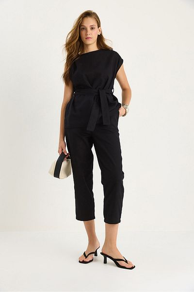 Bianco Lucci Women's Shoulder Knot Detailed Belted Linen Top-Top Set 9369 60281075